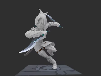 3D Model of Female Warrior in Dynamic Pose Wielding Dual Swords with Action Stance 3d model