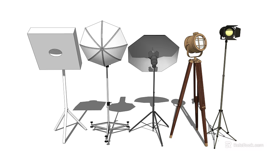 Professional Photography Lighting Equipment Including Softbox Umbrella Reflector And Vintage Tripod Lights 3d model 