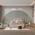 Cute Children's Room Interior Design With Bear Head Headboard Green Arc Wall And Cloud Lights