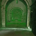 Cartoon Scene Of Ancient Stone Corridor With Arched Doors Stone Pillars And Top Window Light