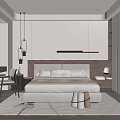 Modern Bedroom Interior With Large Bed Wooden Headboard Built In Wardrobes And Pendant Lights