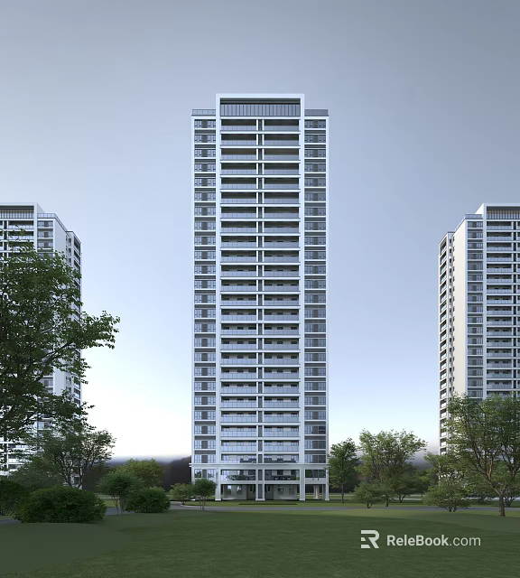 Modern High Rise Residential Building with White Exterior Windows and Surrounding Trees 3d model 