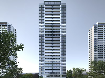Modern High Rise Residential Building with White Exterior Windows and Surrounding Trees 3d model