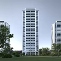 Modern High Rise Residential Building with White Exterior Windows and Surrounding Trees