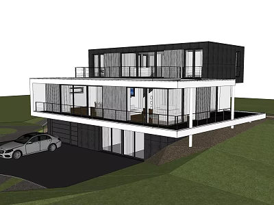 Modern Detached House Exterior With Large Glass Windows Parking Area And Green Lawn 3d model