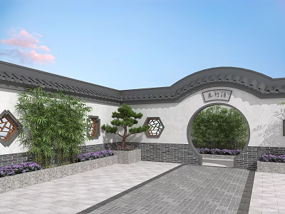 Traditional Chinese Garden With Moon Gate Bamboo Pine Tree Lattice Windows And Gray Tile Roof 3d model