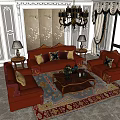 Elegant Living Room Interior With Red Sofas Coffee Table Chandelier And Decorative Walls