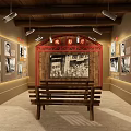 Vintage Exhibition Hall Interior with Black and White Photos Wooden Display Cases and Spotlights
