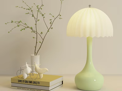 Light Green Table Lamp With White Pleated Shade Near Books And Vase With Twigs 3d model