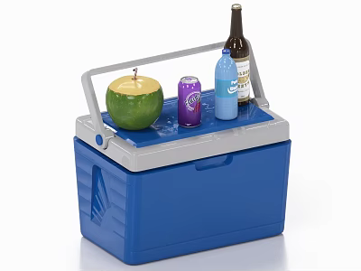 Blue Cooler Box With Green Apple Purple Can And Bottles On Top 3d model