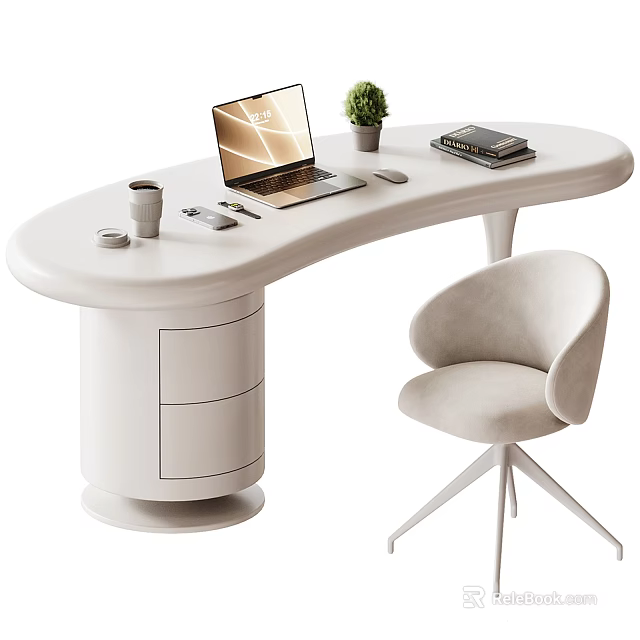 Modern White Curved Desk with Laptop Plant Books Coffee Cup Pen Mouse Drawers and Chair 3d model 