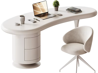 Modern White Curved Desk with Laptop Plant Books Coffee Cup Pen Mouse Drawers and Chair 3d model