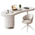 Modern White Curved Desk with Laptop Plant Books Coffee Cup Pen Mouse Drawers and Chair