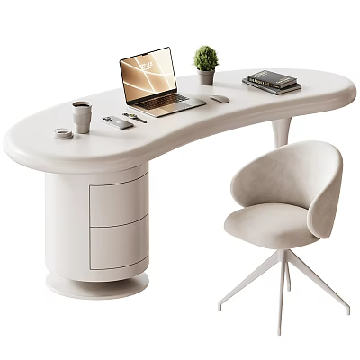 Modern White Curved Desk with Laptop Plant Books Coffee Cup Pen Mouse Drawers and Chair 3d model