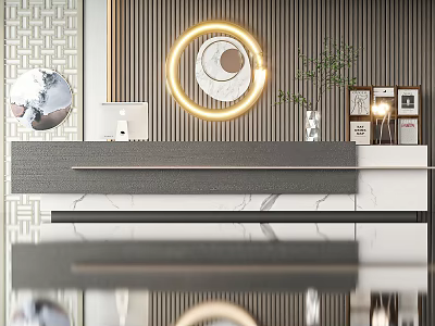 Modern Reception Desk Interior With Marble Countertop Circular Light Green Plant And Photo Frames 3d model