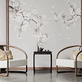 Leisure Sofa Set with Two Chairs Cushions Small Coffee Table Cherry Blossom Wallpaper