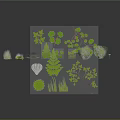 Cartoon Style Green Plant 3D Models With Various Types Leaves Branches And Grass