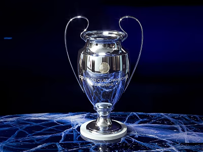 Shiny Silver Trophy With Twin Handles On Blue Textured Display Base For Championship Award 3d model