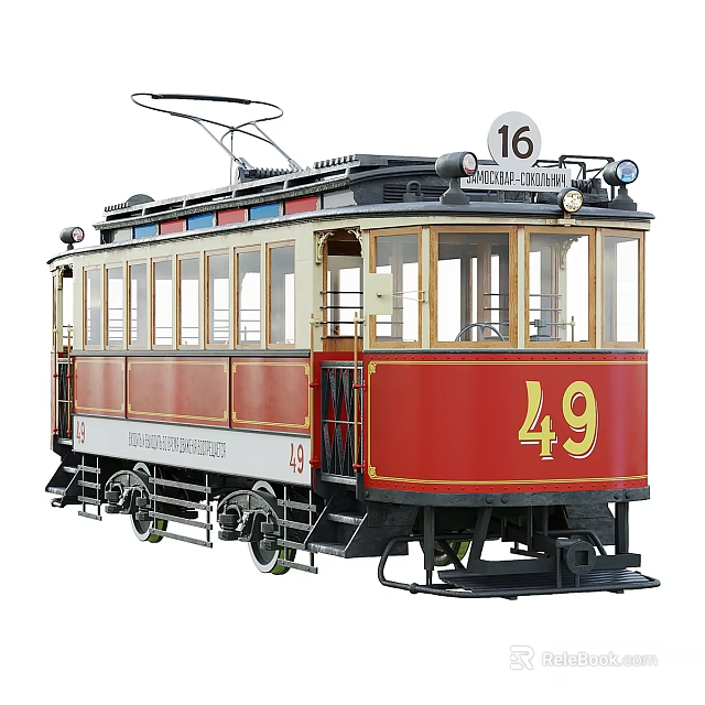 Vintage Red Tram Car With Number 49 And Classic Trolley System Design 3d model 