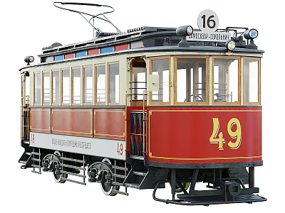 Vintage Red Tram Car With Number 49 And Classic Trolley System Design 3d model