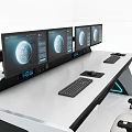 Modern Office Desk With Multiple Monitors Ergonomic Chairs And Blue Accent Lighting