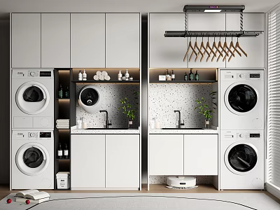 Modern Laundry Room With Stacked Washing Machines White Cabinets Storage Space And Green Plants 3d model