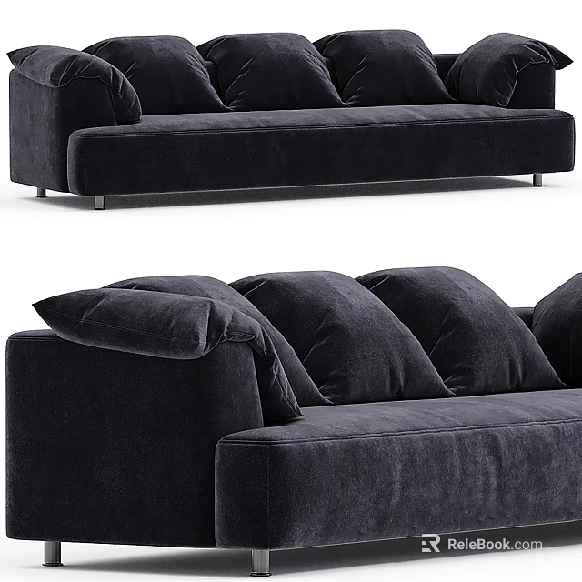 Black Velvet Sectional Sofa with Plush Cushions and Modern Design 3d model 