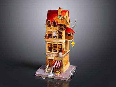 Cartoon Scene Of Multi story Red Roof Building With Balconies Shop Front And Lantern 3d model