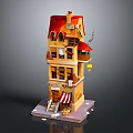 Cartoon Scene Of Multi story Red Roof Building With Balconies Shop Front And Lantern