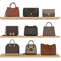 Stylish Bags Displayed On Three Wooden Shelves With Different Colors And Designs
