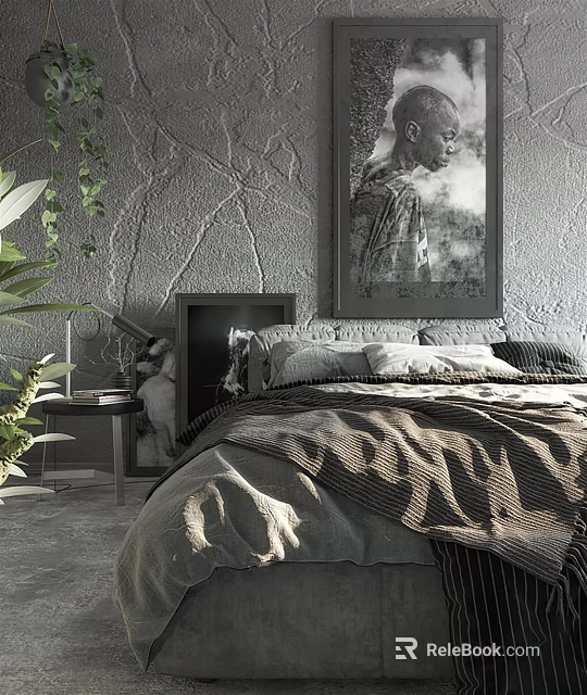 Double Bed In Bedroom Featuring Gray Textured Wall Large Black White Portrait And Green Plants 3d model 