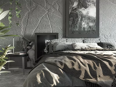 Double Bed In Bedroom Featuring Gray Textured Wall Large Black White Portrait And Green Plants 3d model