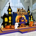 Halloween Decoration Setup With Castle Backdrop Pumpkins Ghost And Witch Elements 3d model