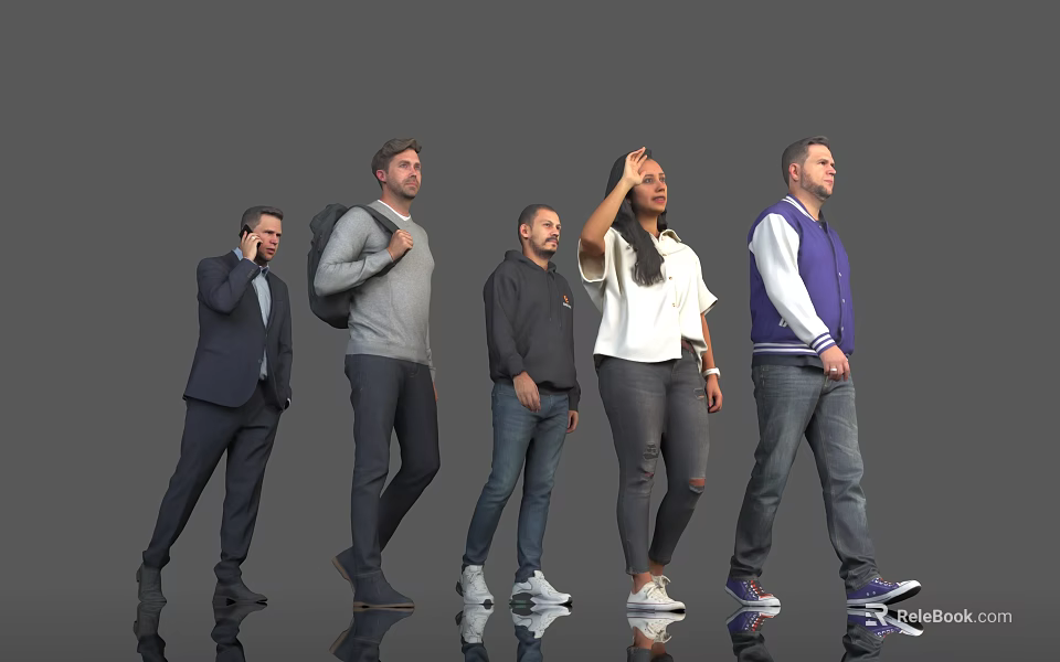 Group of People in Different Clothing Styles Standing on Gray Background 3d model 