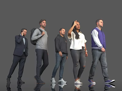 Group of People in Different Clothing Styles Standing on Gray Background 3d model