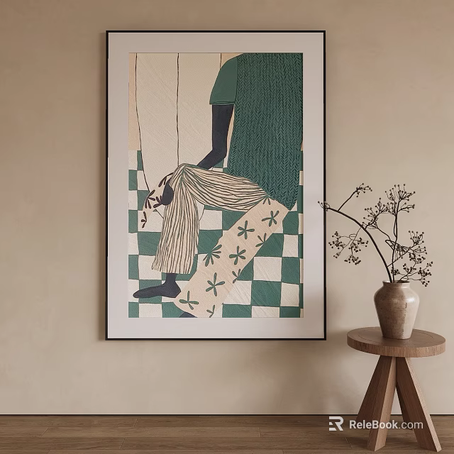 Abstract Painting On Interior Wall With Green Geometric Patterns And Abstract Figure 3d model