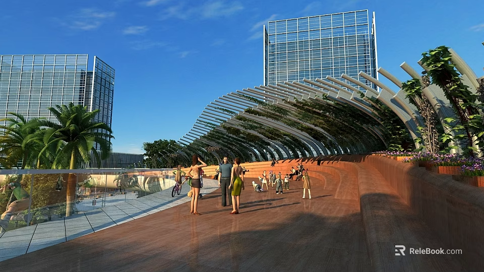 Residential Landscape Featuring Modern Buildings Pedestrian Walkway Wooden Deck Greenery And Shade Structure 3d model 