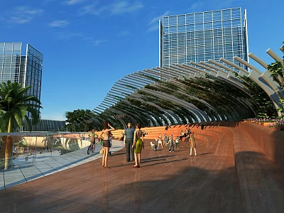 Residential Landscape Featuring Modern Buildings Pedestrian Walkway Wooden Deck Greenery And Shade Structure 3d model