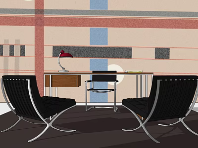 Modern Office Desk Setup With Black Chairs Red Lamp And Striped Wall Decorations 3d model