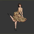 Woman With Short Brown Hair Posing In Patterned Dress Lifting One Leg On Gray Background