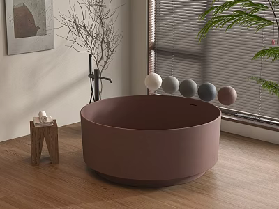 Brown Round Bathtub on Wooden Floor Near Window With Green Plant and Decorative Balls 3d model
