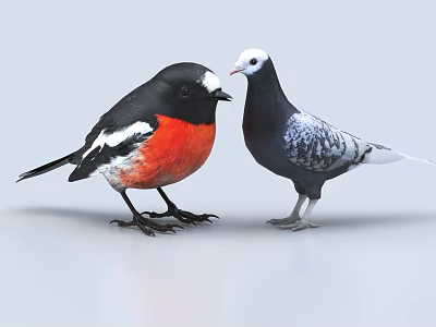 Two Colorful Flying Animals Black White Red Bird And Gray Pigeon Facing Each Other 3d model