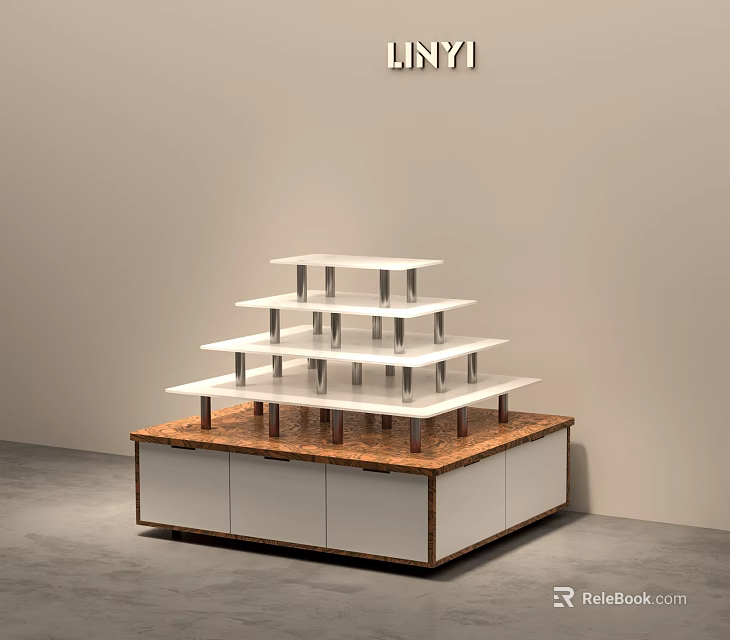 Clothing Store Display With Multiple White Shelves Brown Countertop And White Cabinets 3d model 