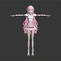Cute Child With Pink Hair And Arms Outstretched In Pink White Dress And White Boots