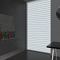 White Venetian Blinds in Modern Interior with Gray Wall and Colorful Artwork