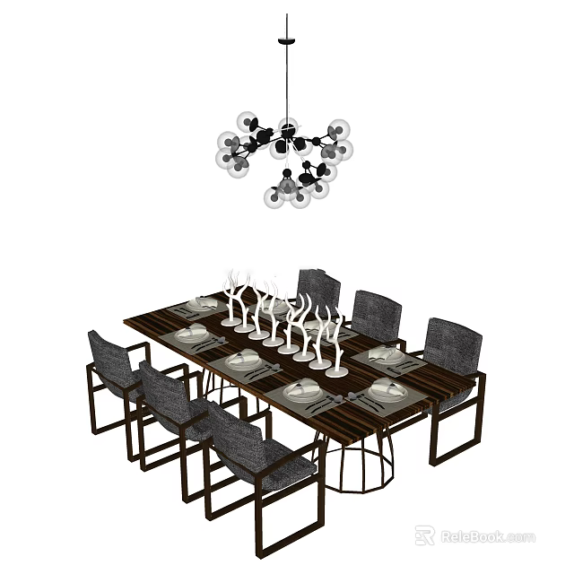 Modern Dining Table Set With Chairs Tableware Candle Holders And Chandelier 3d model