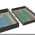 Two Basketball Courts With Black Mesh Fences Blue Yellow Green Red Surfaces And Basketball Hoops