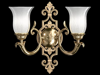 Vintage Gold Wall Sconce With Ornate Design And Two Glass Shades 3d model