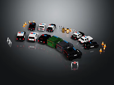 Detailed Military Vehicle Toy Models With Traffic Cones Road Barriers And Colorful Designs 3d model
