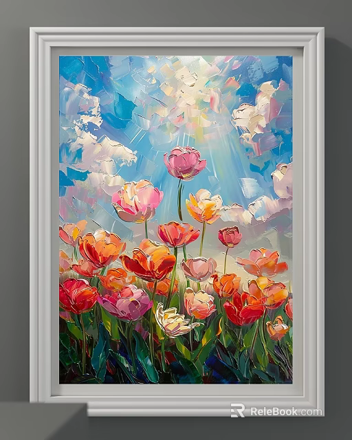 Colorful Tulips Oil Painting With Bright Sunlight And Blue Sky Background 3d model 